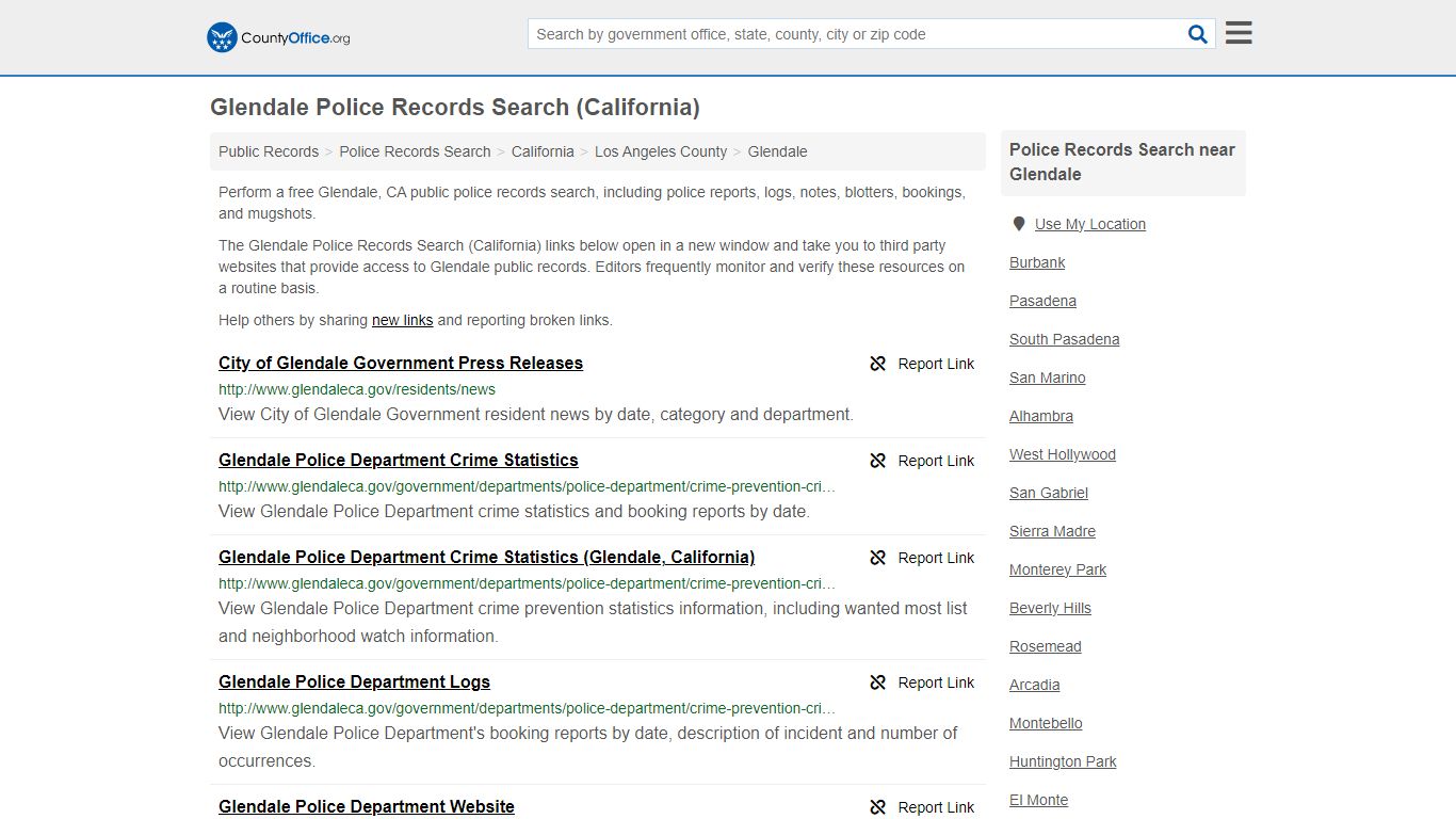 Glendale Police Records Search (California) - County Office